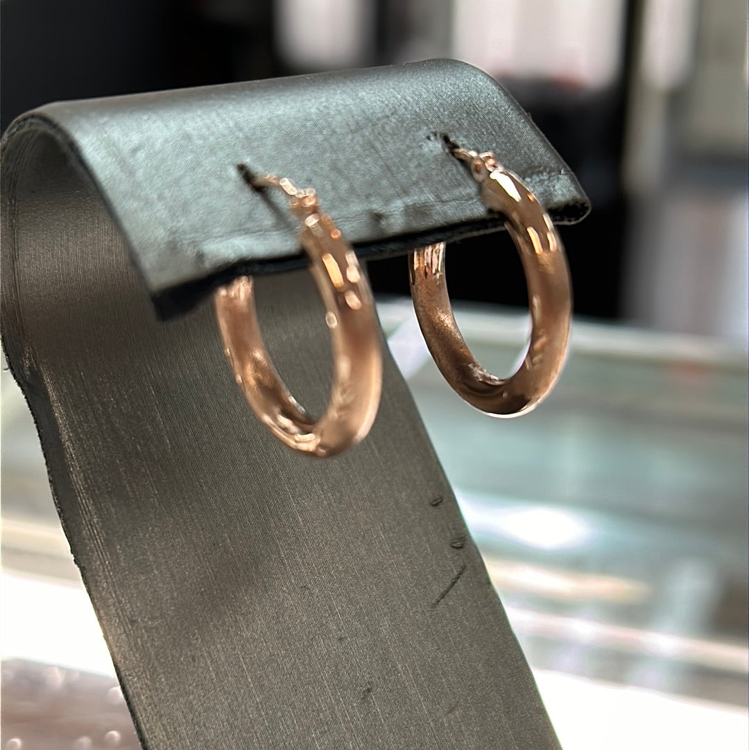 14K Rose Gold 3mm Satin and Diamond Cut Hoops. T1016