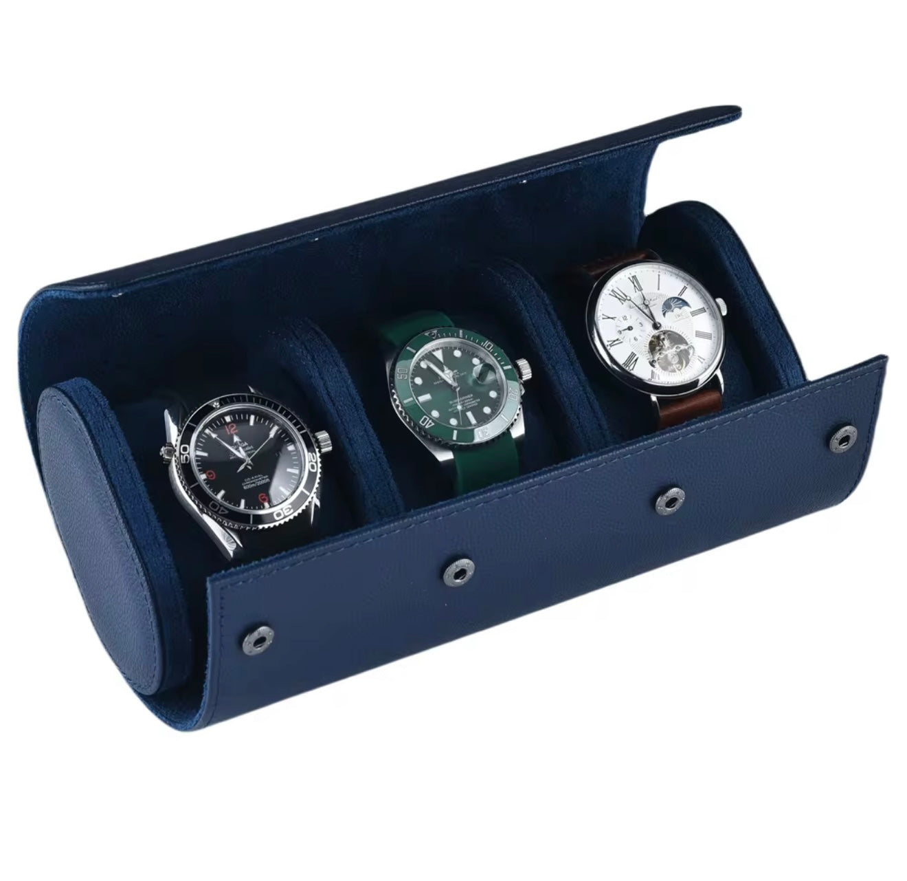 Triple Blue PU Leather Travel Watch Roll