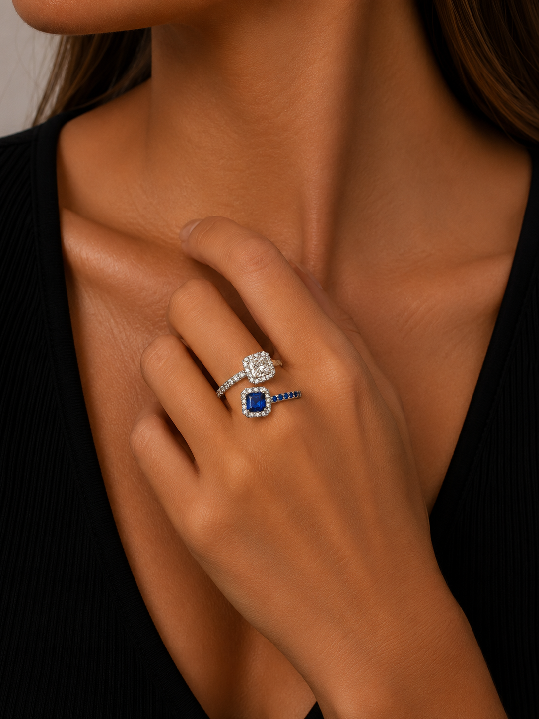 New Arrival! Toi Et Moi Ring In 14K White Gold With Radiant Shaped Sapphire And Diamond | FRG003827AWDBS