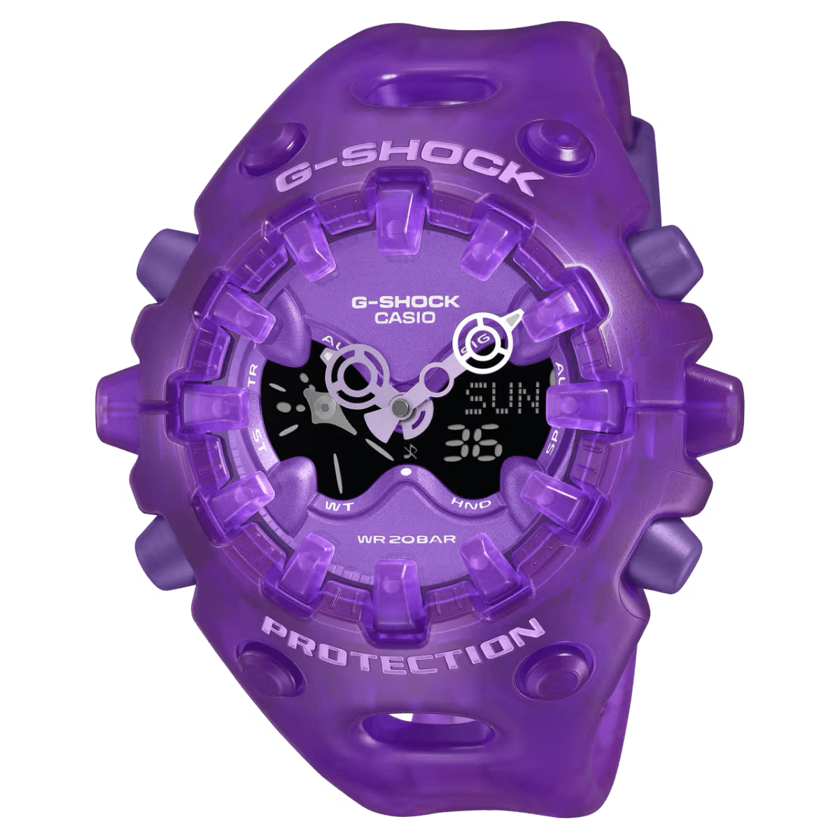 G-SHOCK GA-V01 purple Y2K-inspired translucent watch with magnetic Shock Release Hand, full-screen LCD, and durable shock-resistant construction