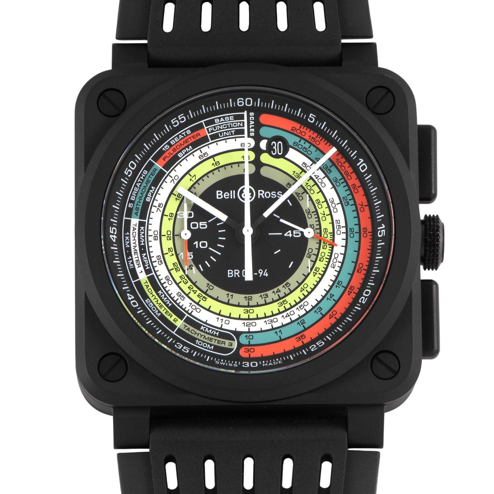 Preowned Bell & Ross BR-03 Chrono Multimeter 42mm black ceramic square watch with chronograph, rubber strap, and 100m water resistance