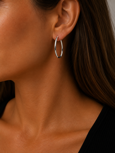14K White Gold Oval Hoop Earrings | 02062022-1