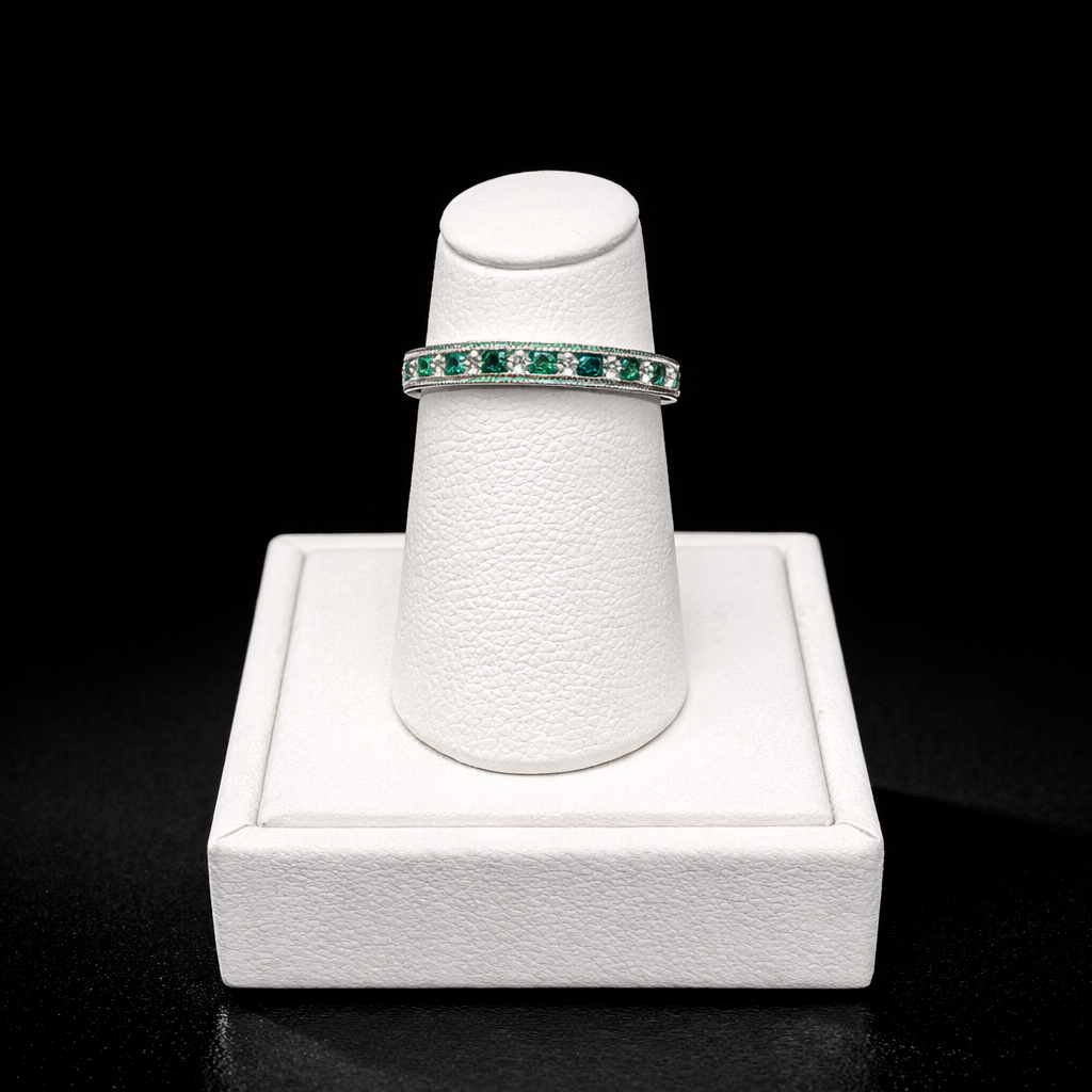 14k White Gold Diamond and Emerald Wedding Band. FRG002196AWDE