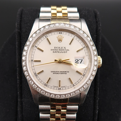 Preowned Rolex Datejust Ref. 16233 36mm stainless steel and yellow gold watch with white dial, Jubilee bracelet, and diamond bezel
