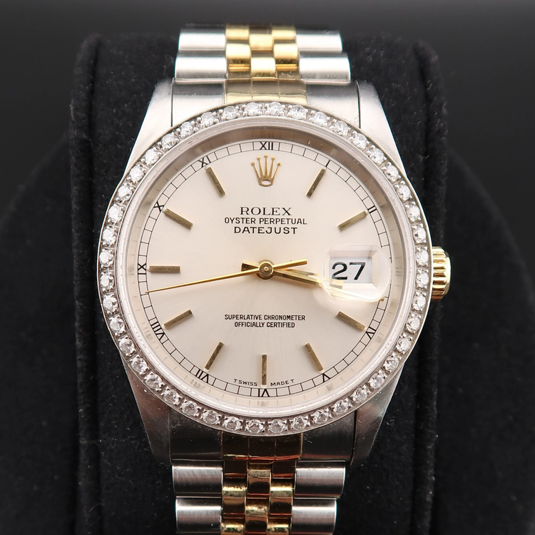 Preowned Rolex Datejust Ref. 16233 36mm stainless steel and yellow gold watch with white dial, Jubilee bracelet, and diamond bezel