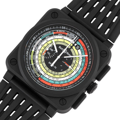 Preowned Bell & Ross BR-03 Chrono Multimeter 42mm black ceramic square watch with chronograph, rubber strap, and 100m water resistance
