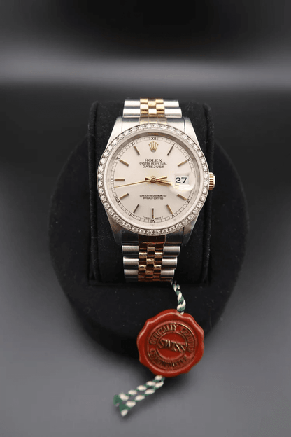Preowned Rolex Datejust Ref. 16233 36mm stainless steel and yellow gold watch with white dial, Jubilee bracelet, and diamond bezel