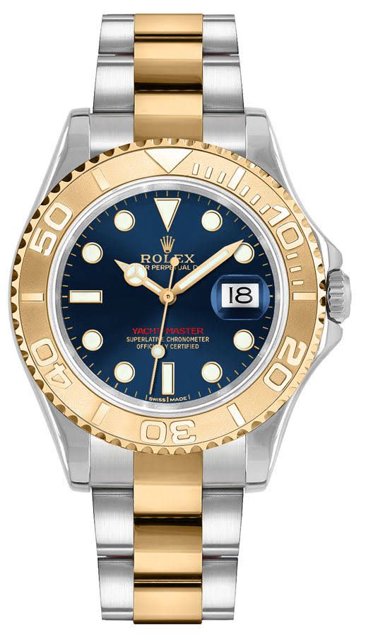 Preowned Rolex Yacht-Master Ref. 168623 35mm stainless steel and yellow gold watch with blue dial, rotating bezel, and automatic movement