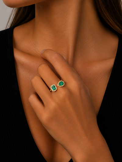 New Arrival! 14K Yellow Gold Emerald Cut & Pear Toi Et Moi Ring With Accented Shank | FRG003864AYDE