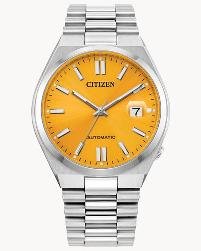 Citizen Tsuyosa NJ015 40mm stainless steel automatic watch with yellow sunray dial, sapphire crystal, and integrated bracelet