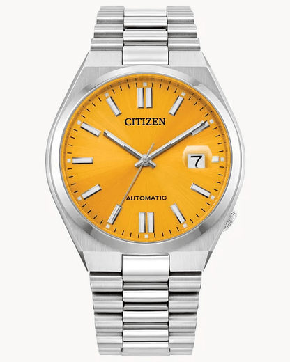 Citizen Tsuyosa NJ015 40mm stainless steel automatic watch with yellow sunray dial, sapphire crystal, and integrated bracelet