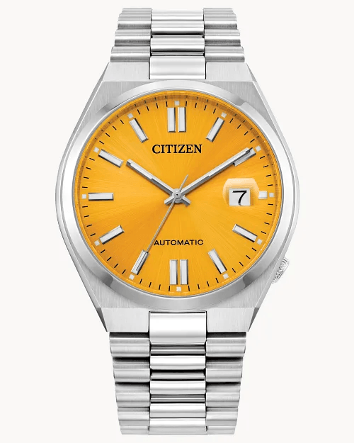 Citizen Tsuyosa NJ015 40mm stainless steel automatic watch with yellow sunray dial, sapphire crystal, and integrated bracelet