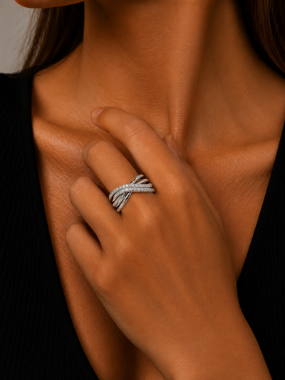 14K White Gold Two Row Diamond Ring | 074660