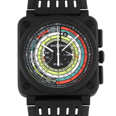 Preowned Bell & Ross BR-03 Chrono Multimeter 42mm black ceramic square watch with chronograph, rubber strap, and 100m water resistance