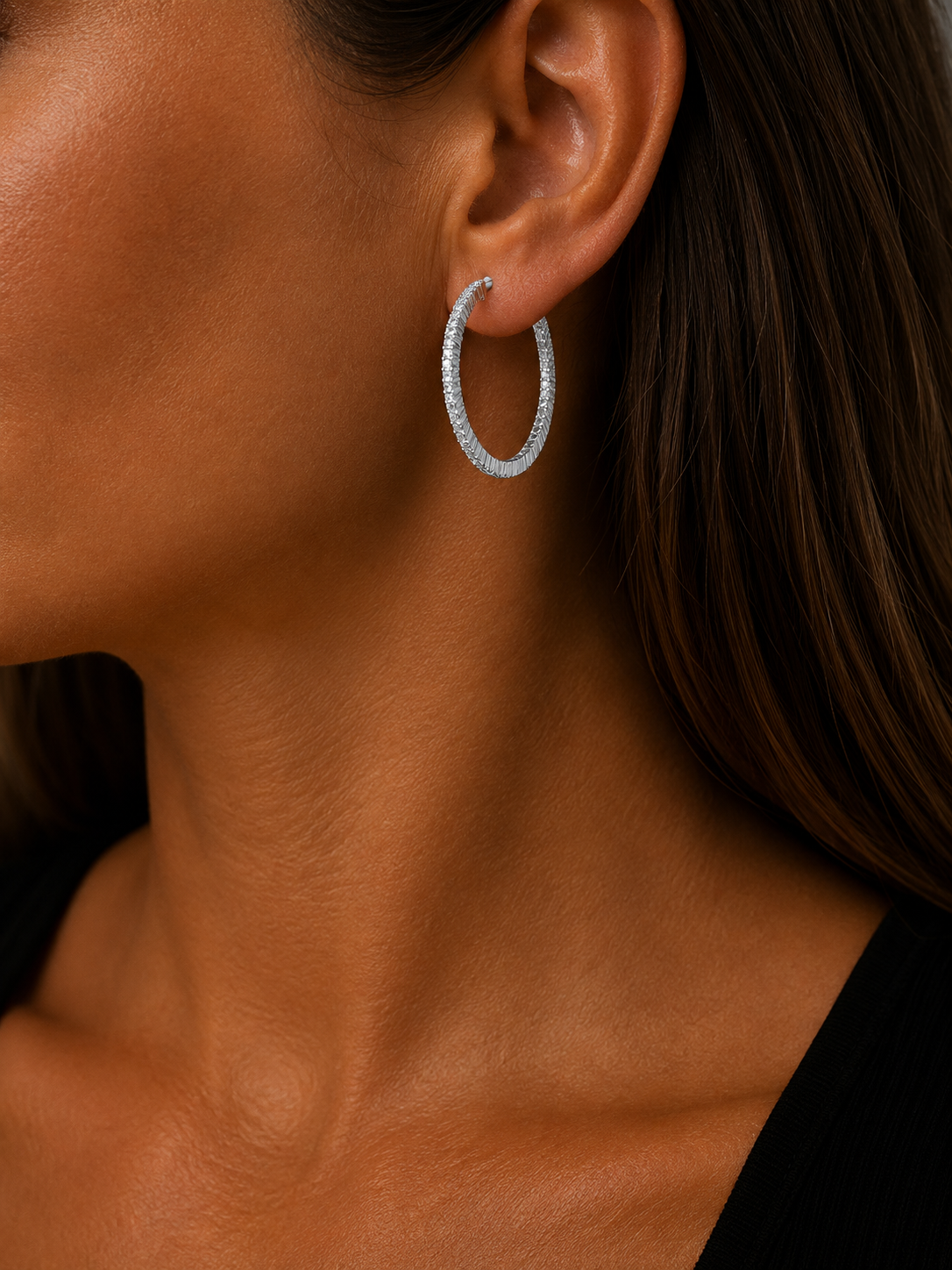 14K White Gold Diamond Hoop Earrings